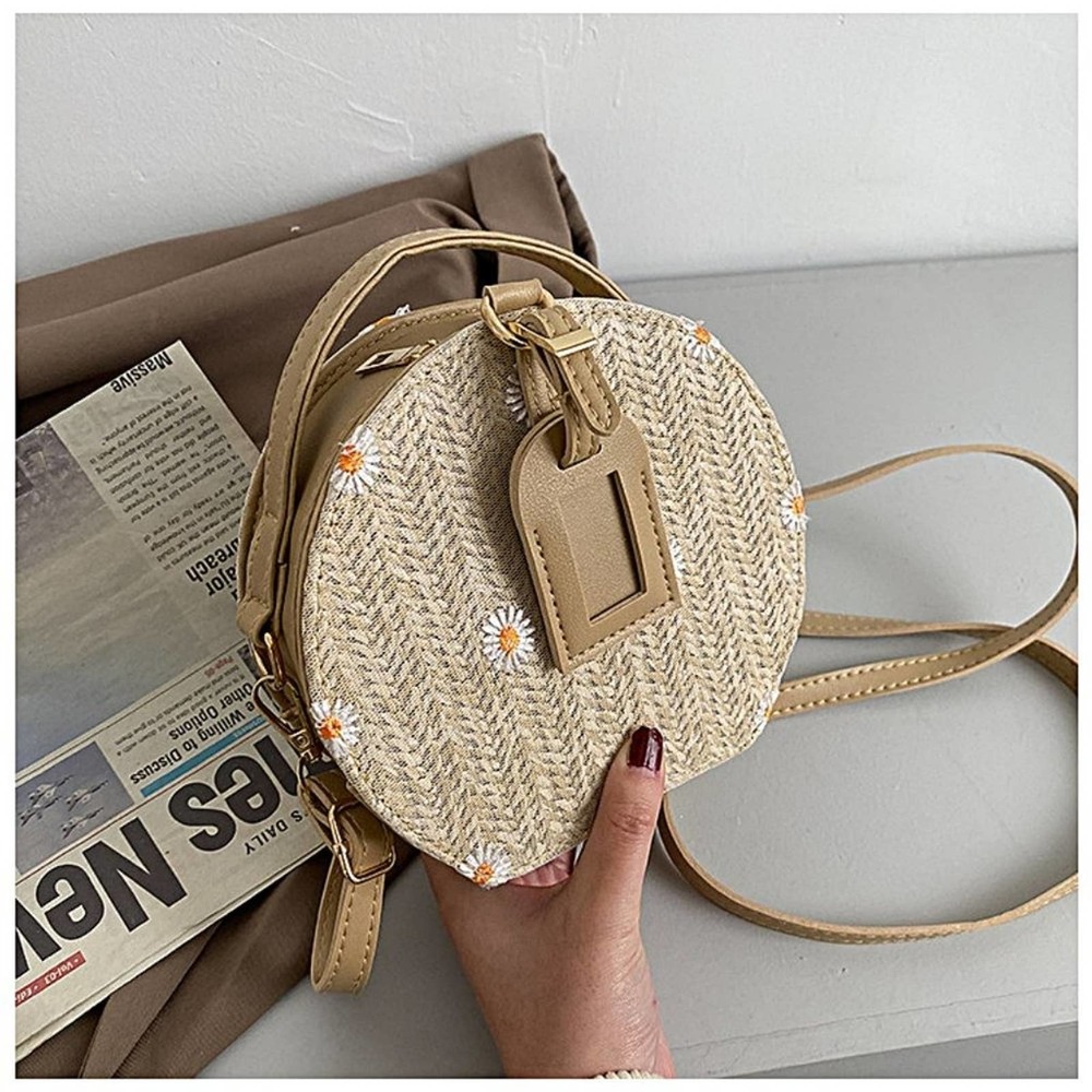 Daisy Flower Embroidered Round Straw Crossbody Bag in Khaki - Picture 6 of 9